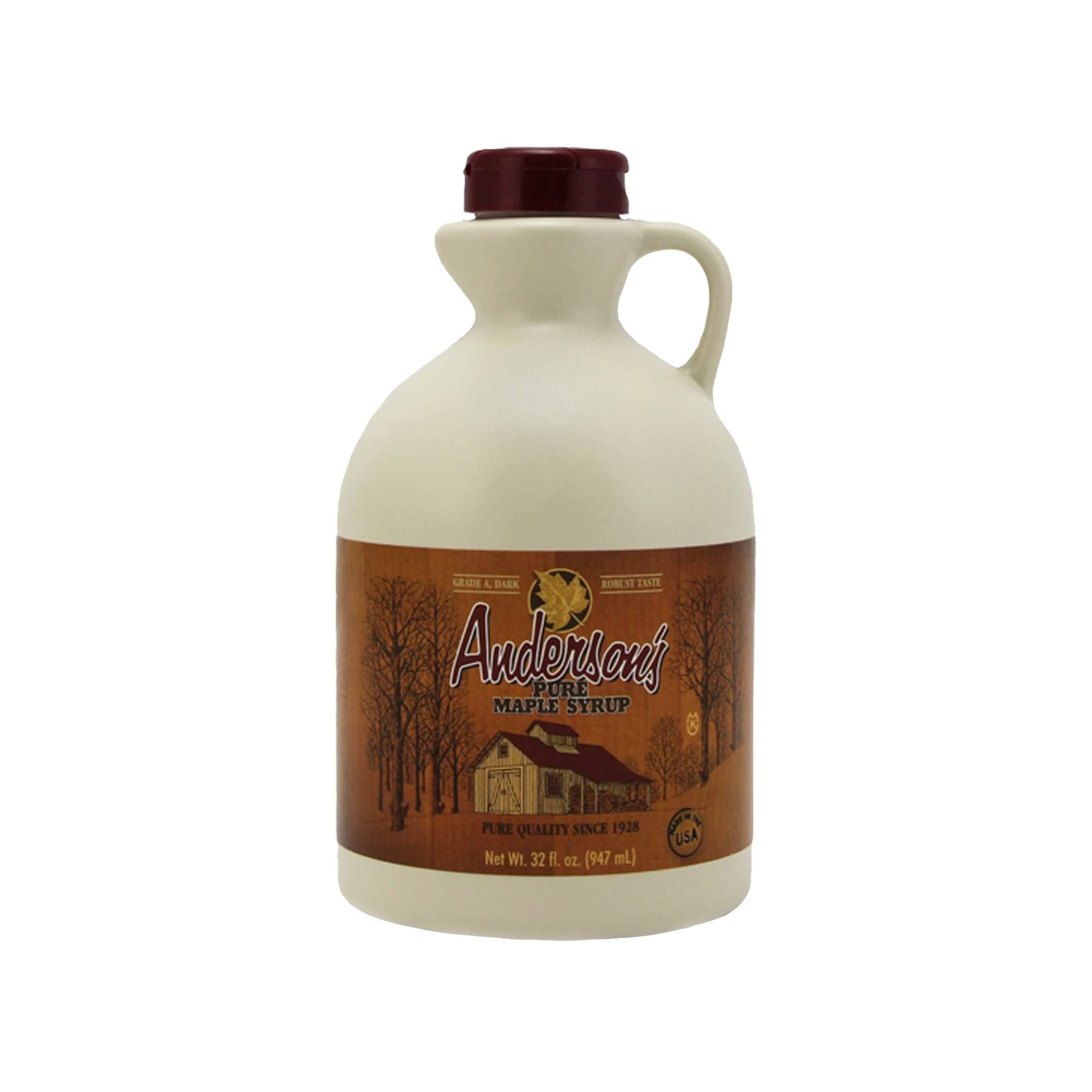 Andersons Dark Pure Maple Syrup, 32 Fl Oz, Plastic Jug, Brown