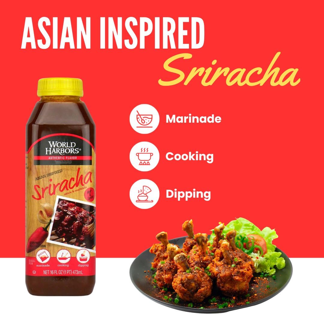 World Harbors Sriracha Hot Sauce & Marinade Perfect For Grilled Meats, Seafood, Dipping, Marinades & Garnishes - Enhance Your Me