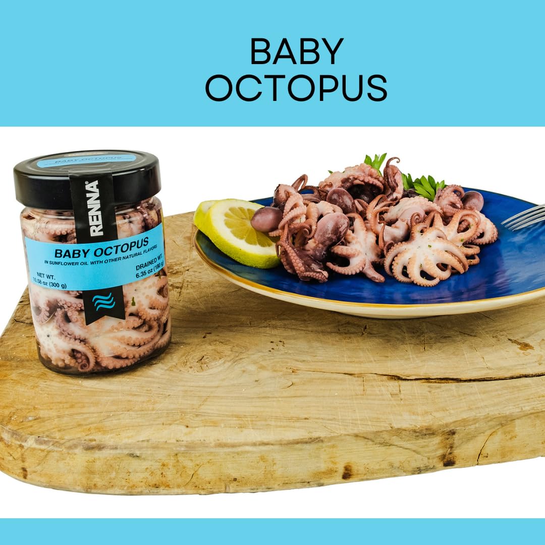 Renna Baby Octopus in Olive Oil, Premium Imported Seafood, 10.58 oz