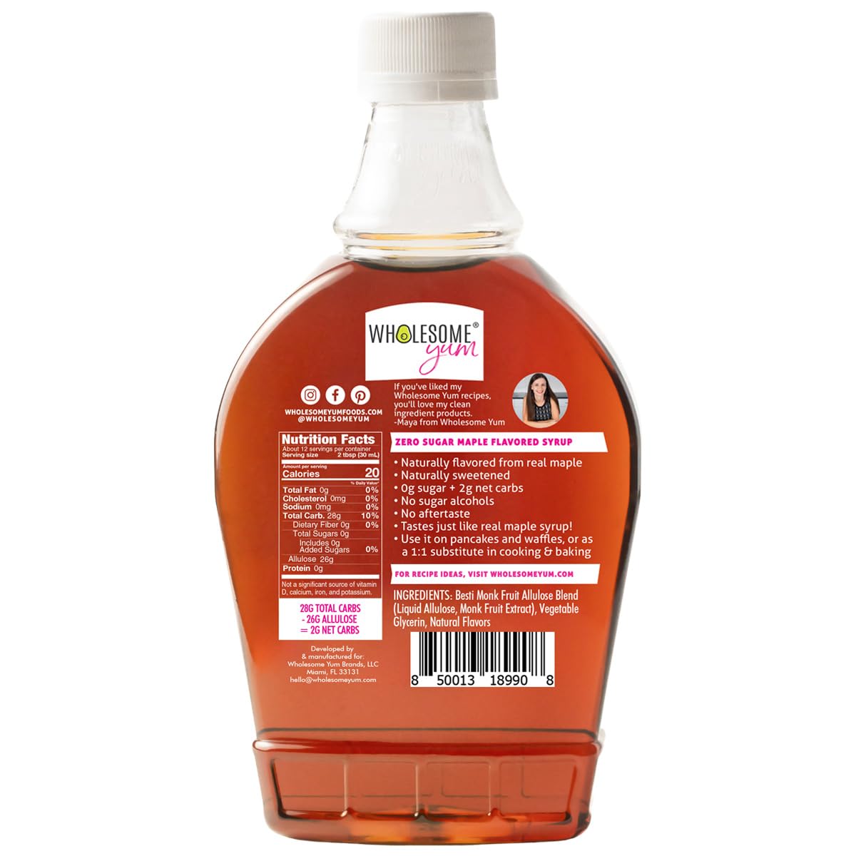 Wholesome Yum Zero Sugar Maple Syrup (Keto Maple Syrup) With Monk Fruit & Allulose - Natural Sugar Free Pancake Syrup - No Artificial Colors Or Flavors  Non GMO  Low Carb  Gluten-Free  Vegan (Plastic bottle - 12 fl oz)