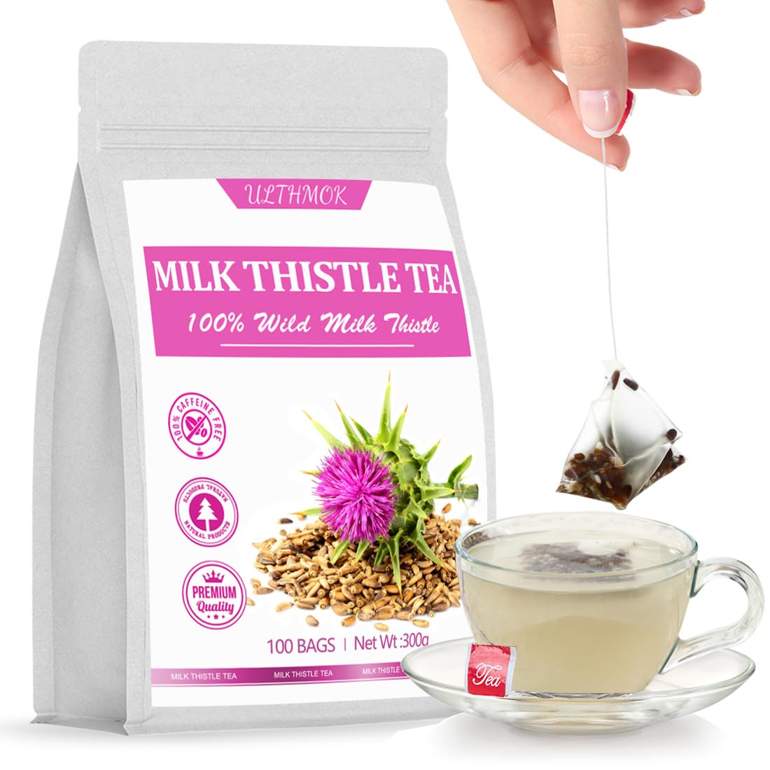 ULTHMOK Milk Thistle Tea Bags, 100% Wild Seeds, Caffeine Free, 100 Count