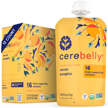 Cerebelly Organic Baby Food Pouches, Carrot Pumpkin Purees, 16 Nutrients, No Added Sugar, Fiber & Non-Gmo, 4Oz, 12 Pack