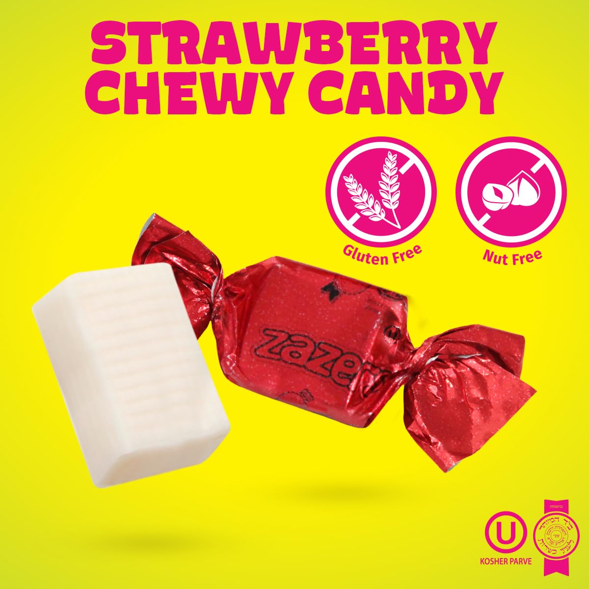 Zazers Red Strawberry Chewy Taffy Candy - 1-Pound Bag Of Zazers Fruity Foil Chewy Candy - Strawberry Flavor, Individually Wrappe