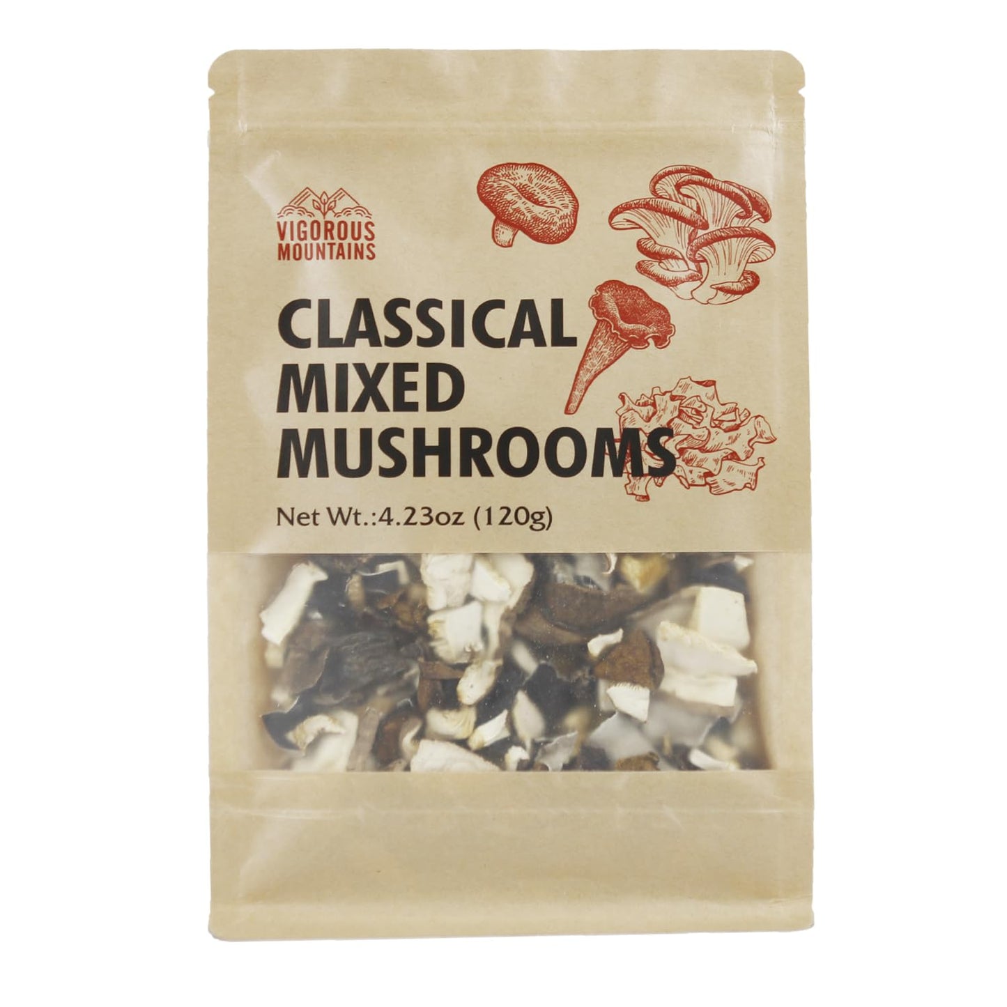 Vigorous Mountains Dried Mixed Mushrooms Blend Including Porcini Shiitake Oyster Woodear Mushrooms 4.23Oz, Soft Texture Bold Flavor Vegan Food For Cooking 120G
