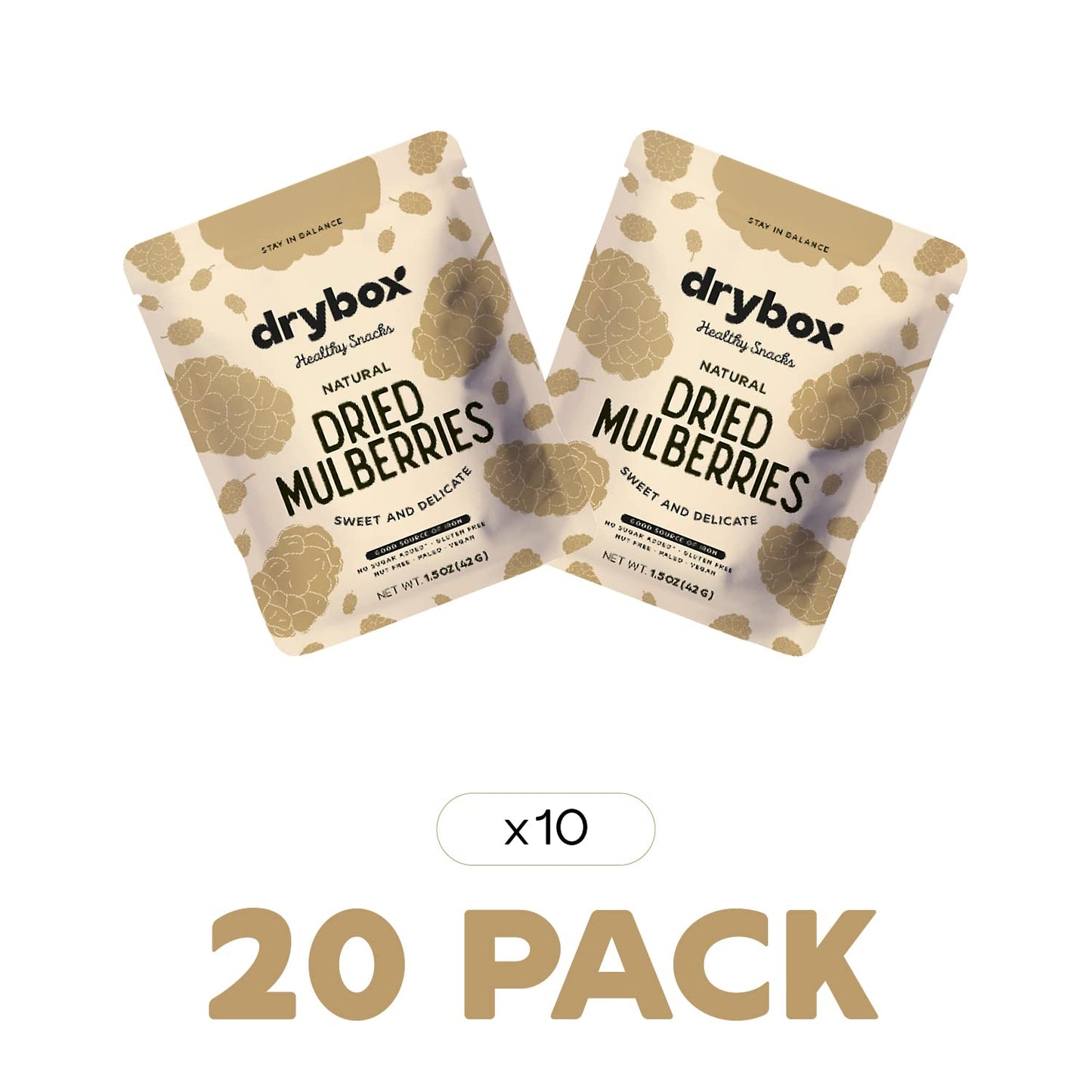 Drybox Dried White Mulberry Snacks 20 Pack | No Sugar Added Unsweetened Non-Gmo Gluten Free | Natural Mediterranean Dried Fruit