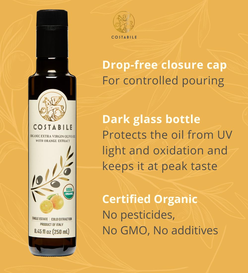 Costabile Orange Infused Olive Oil, Extra Virgin Organic from Italy. Polyphenol rich olive oil flavored with natural Italian ora