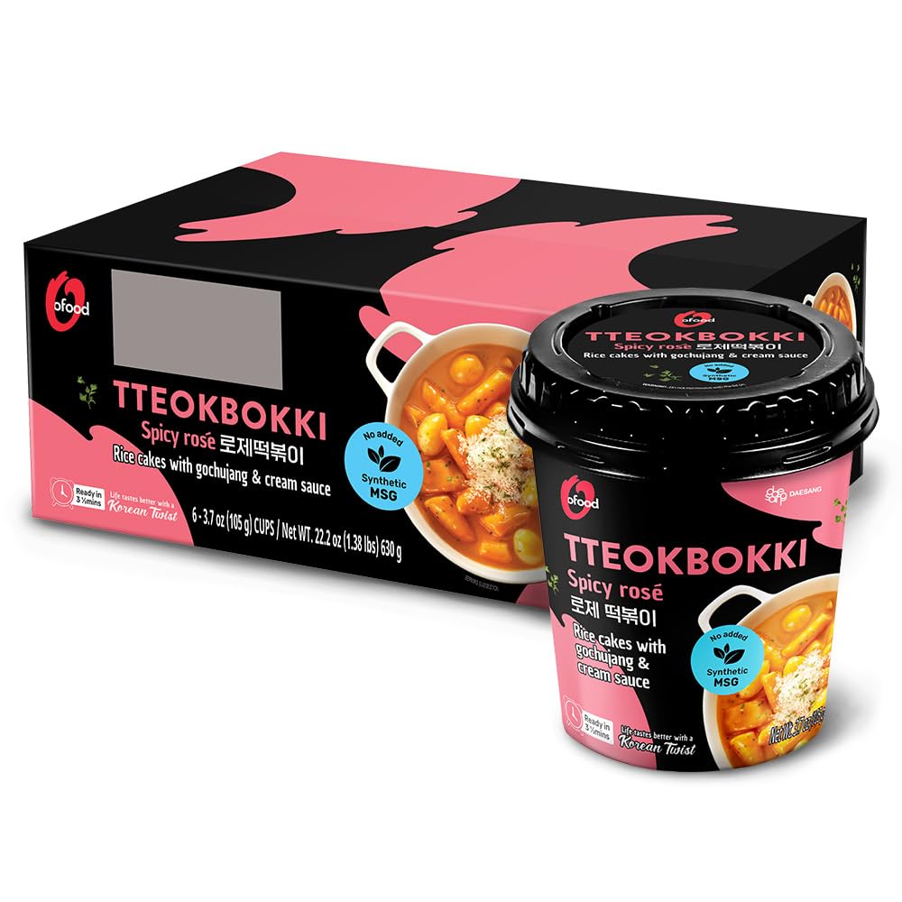 O'Food Rose Cup Tteokbokki Pack of 6, Spicy Carbonara Korean Rice Cake Snack, Authentic Street Food, Microwaveable & Instant, No