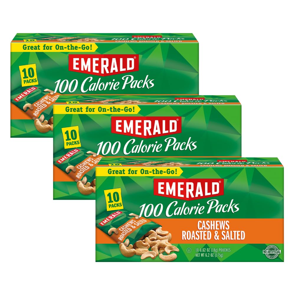 Emerald Cashews Roasted & Salted, 100 Calorie Packs, 10 Count, 6.2 Oz (Pack of 3)