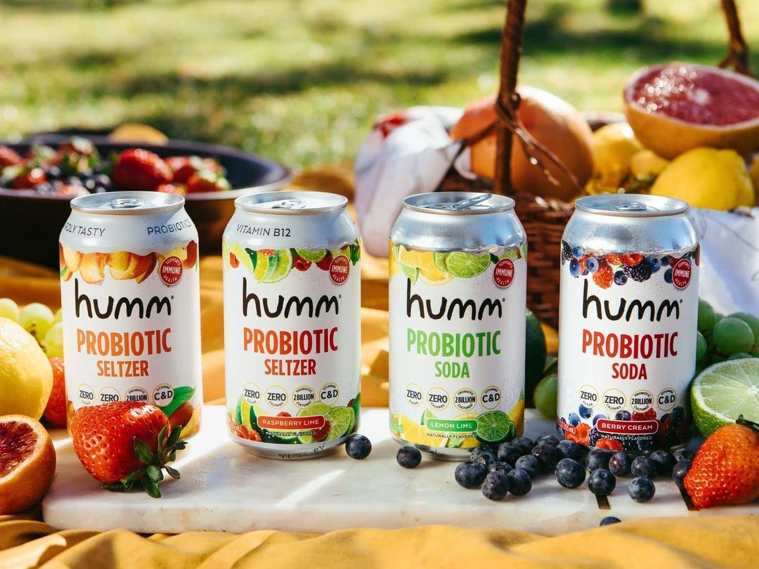 Humm Sparkling Water Variety Pack, Peach & Raspberry Lime Seltzer, Zero Sugar, Zero Calorie, Whole30 Approved Probiotic Drink, 2