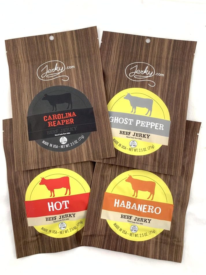 Jerky.com Hot Jerky Combo - Habanero, Ghost Pepper, Carolina Reaper, Classic - 2.5 oz Bags (Pack of 4)