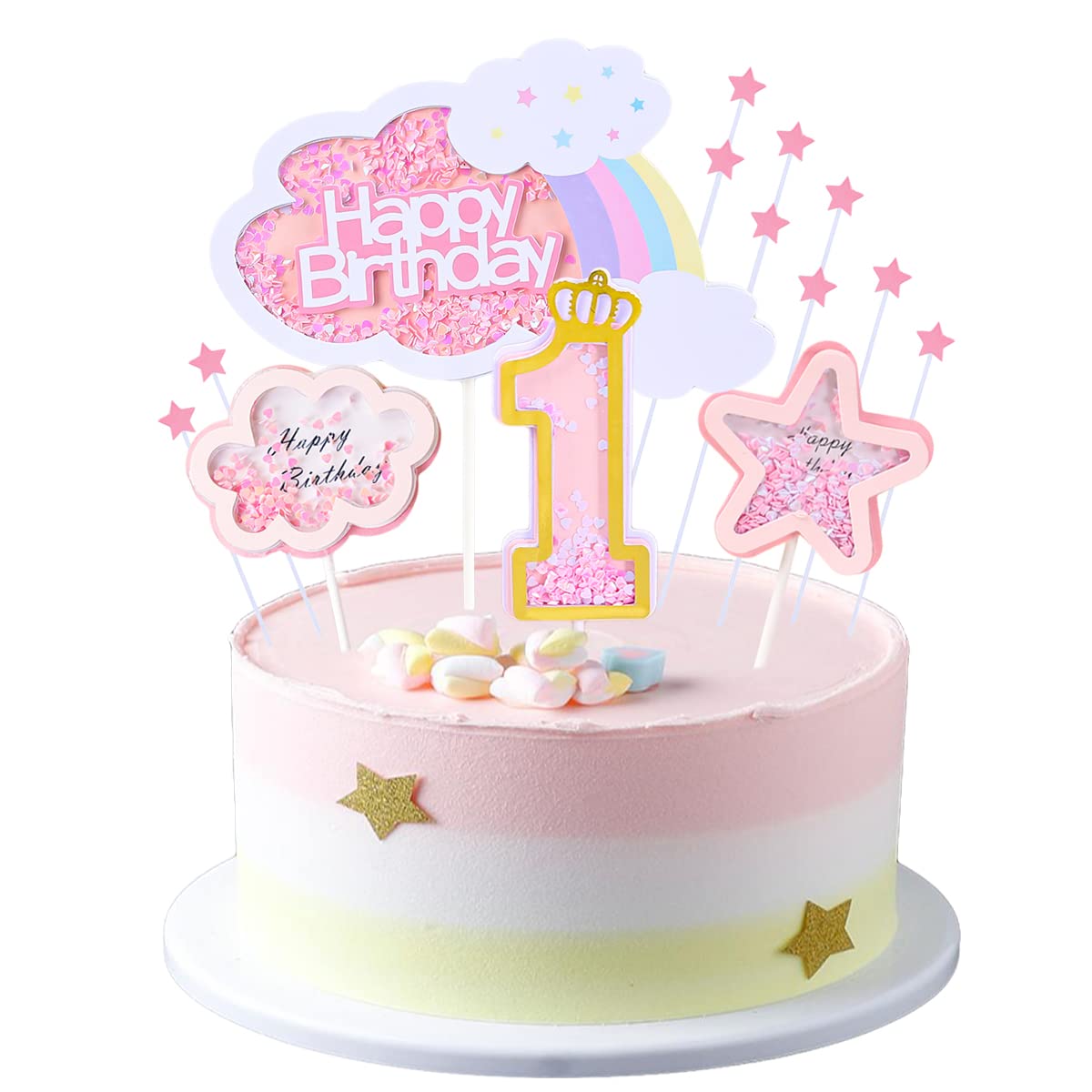 Kawailay Baby Girl 1St Birthday Cake Decoration Set First Birthday Cake Topper With Rainbow Clouds Stars Cake Picks One Year Old