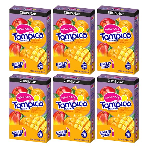 SINGLES TO GO! Mango Punch Drink Mix Packets, Zero Sugar, Low Calorie, 6 Count, 0.69 Ounce (Pack of 6)