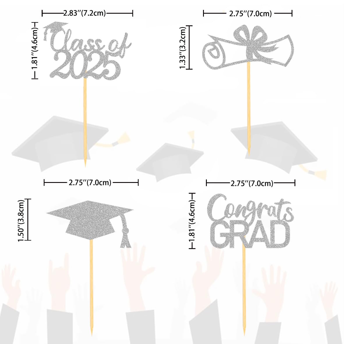 Moitkptt Graduation Cupcake Toppers, 24 Pcs, Class of 2025, Silver, Model fhsh003