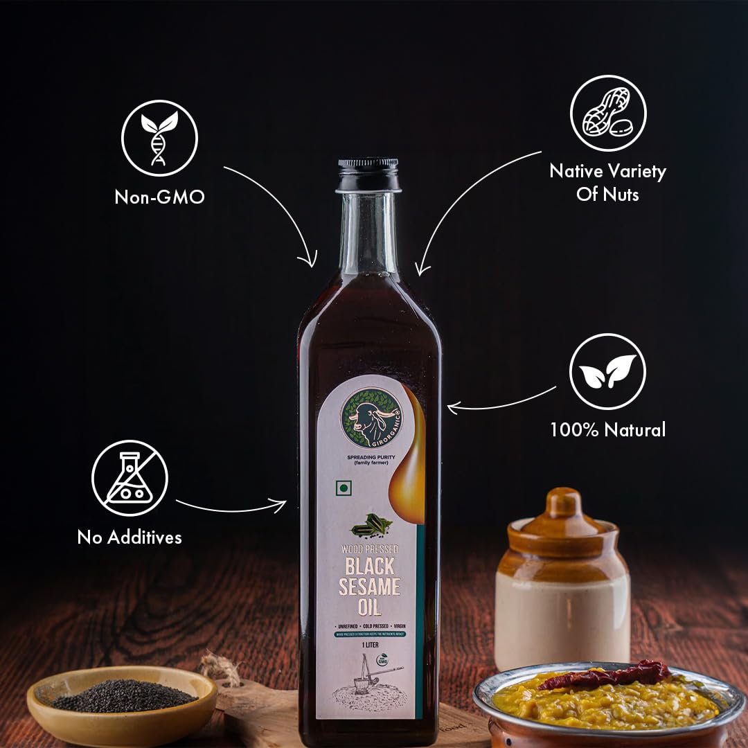 Girorganic Wood Pressed Black Sesame Oil-1Litre Glass Bottle,Unrefined/Unfiltered Cold Pressed Virgin Oil,Kacchi Ghani/Gingelly