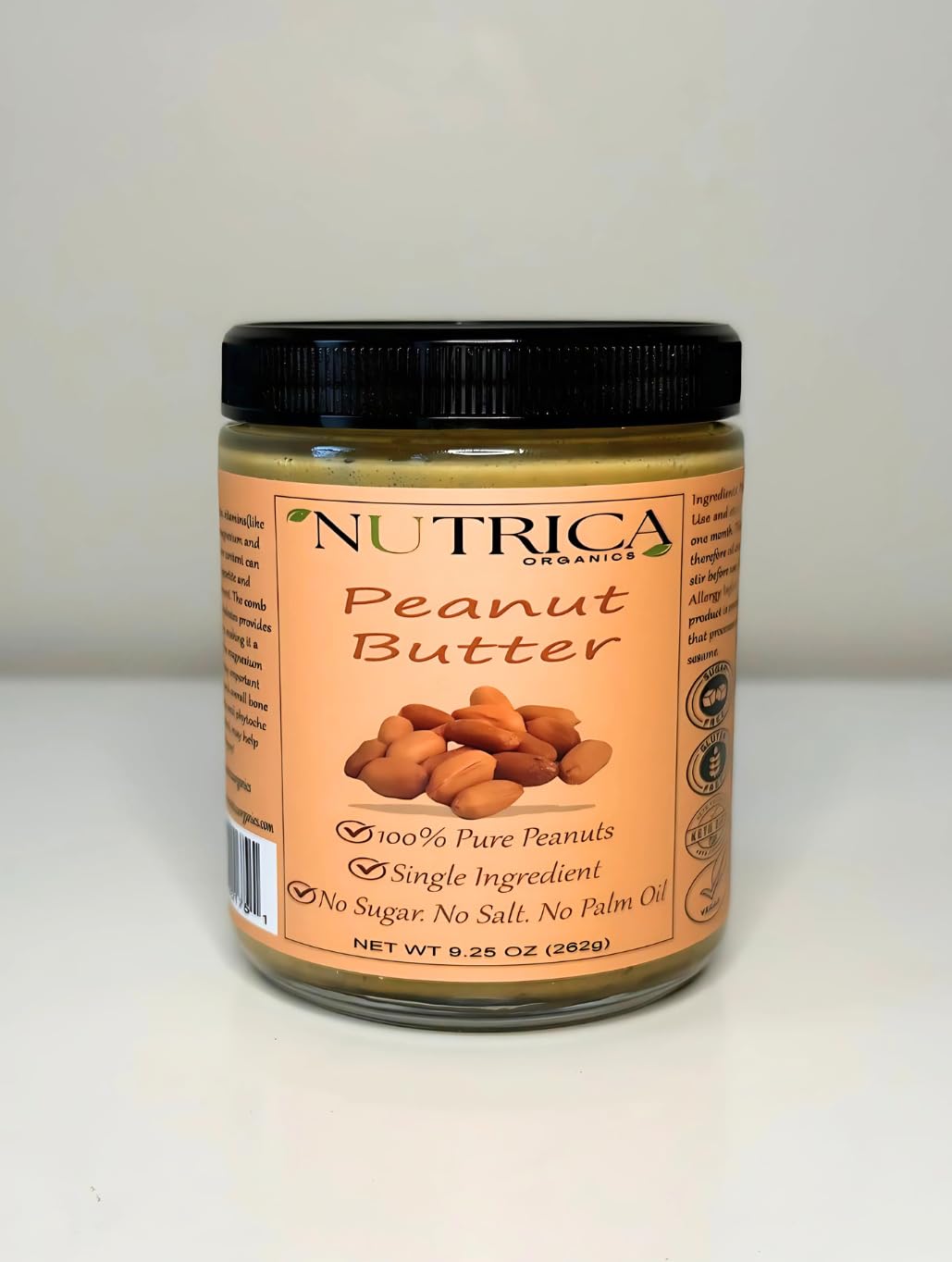 100% Pure Peanut Butter, Single Ingredient, No Salt, No Sugar, No Palm Oil, Glass Jar, Double Sealed, No Additives, Vegan, Plant