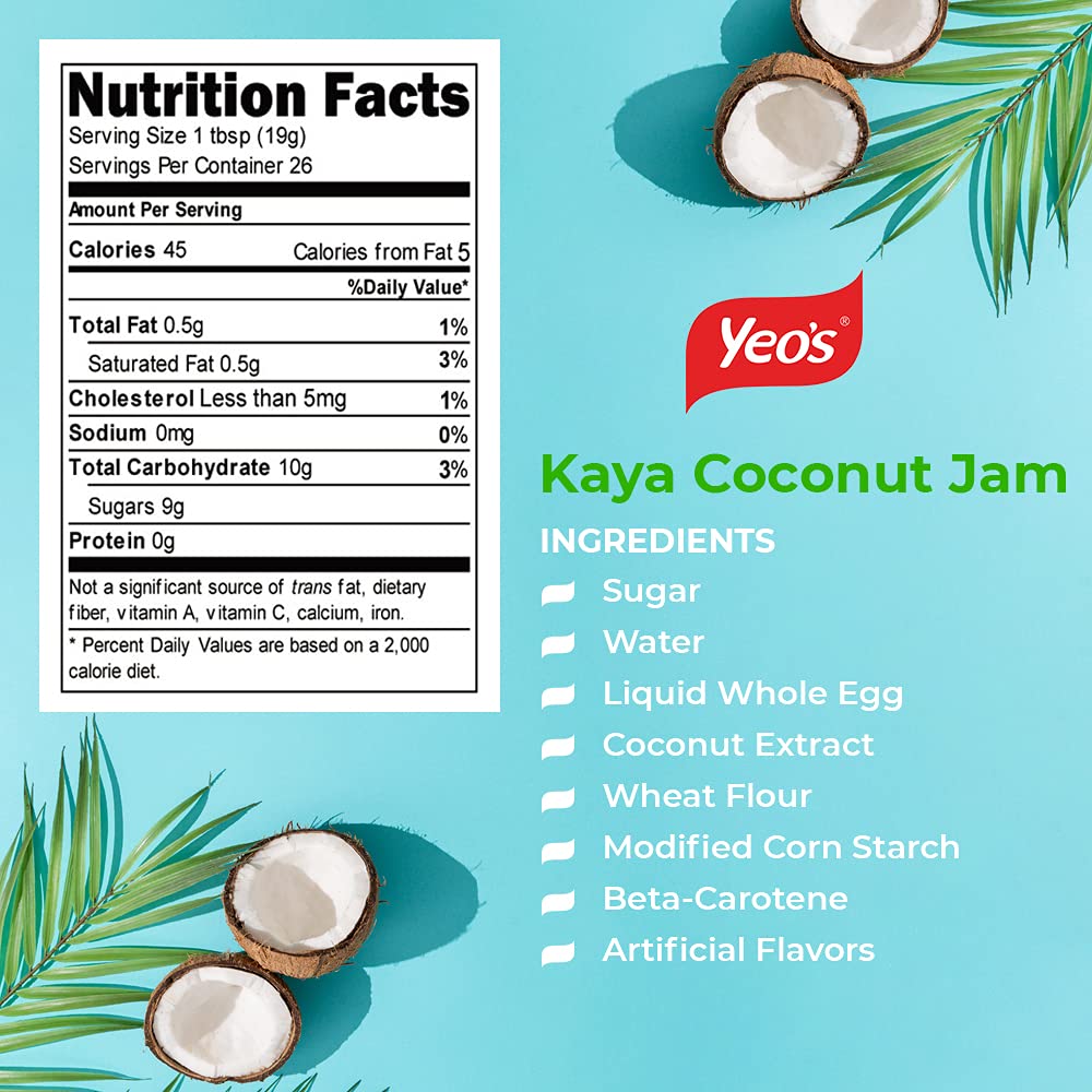 Yeos Kaya Coconut Jam, 17.6 Ounce - Delicious Smooth Coconut Spread, Authentic Singaporean Flavor, No Fillers, Creamy Texture,