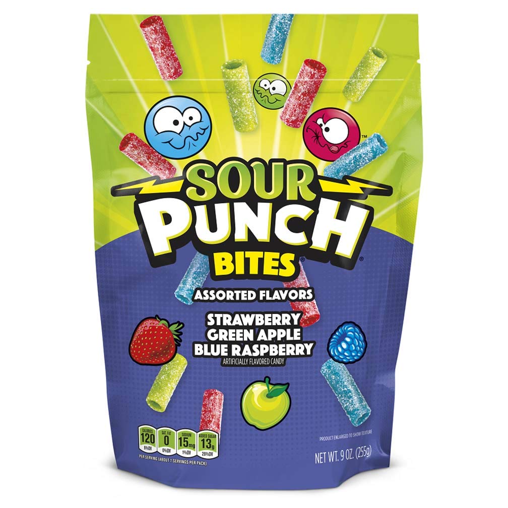 Sour Punch Bites, Blue Raspberry, Apple & Strawberry Flavors, Soft & Chewy Candy, 9Oz Bag (12 Pack)
