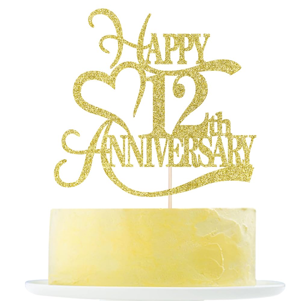 Yetxel Gold Glitter Cake Topper - 12th Anniversary Party Decoration - Paper - 12th Birthday Decorations
