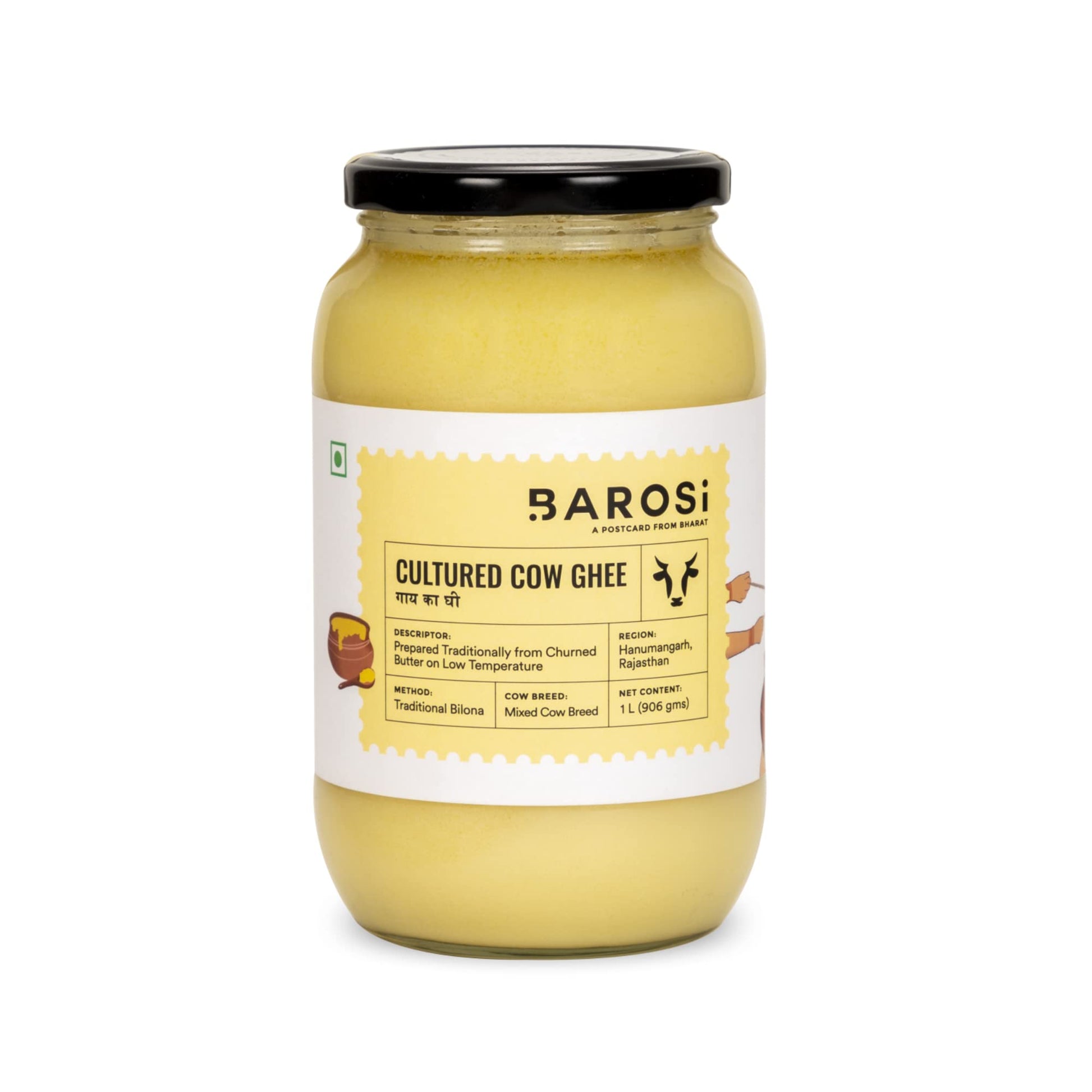 Barosi Enhanced Cultured Desi Cow Ghee 1 Litre | Vedic Bilona Method | Churned From Curd | Pure & Natural | Farm Made In Small Batches | Glass Jar Packing