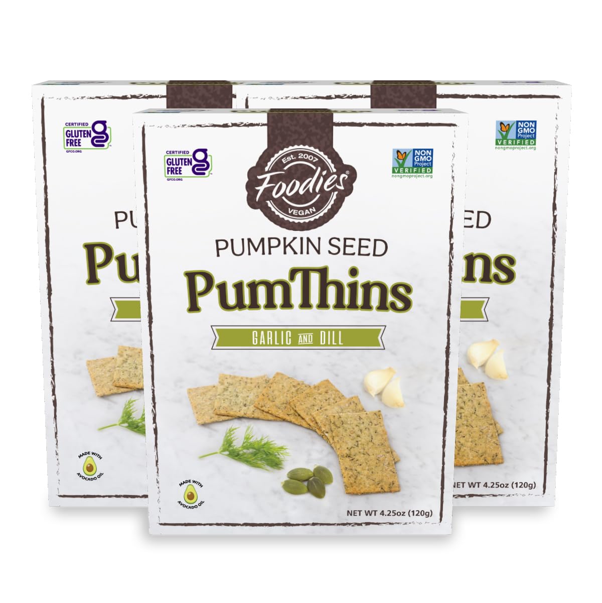 Foodies Pumthins Garlic & Dill Breakers  Gluten Free  Made With Organic Pumpkin Seeds  No Seed Oils  Healthy  Paleo Friendly  4.25 Oz 3-Pack