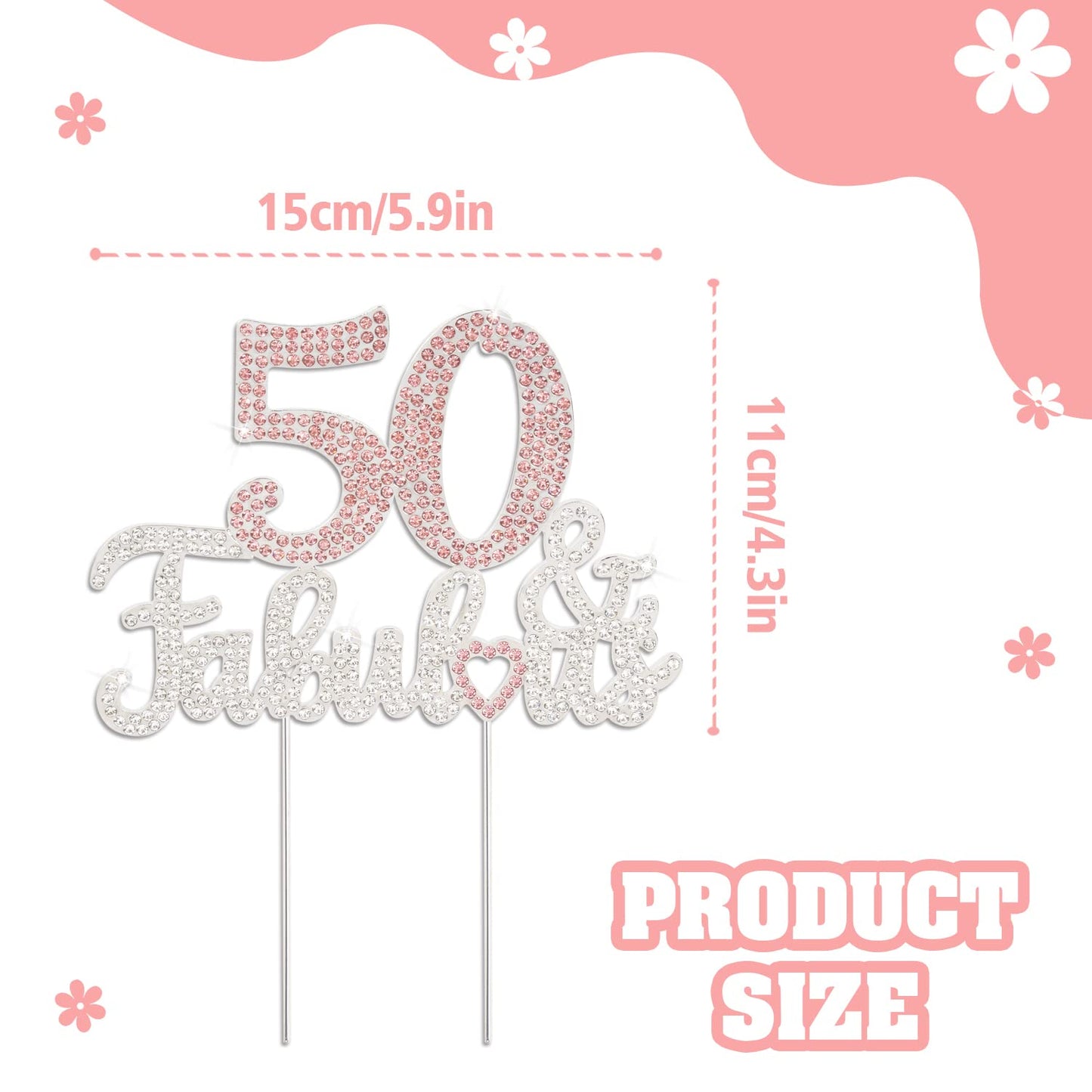 Laskyer 50 & Fabulous Silver Pink Rhinestone Cake Topper - Happy 50Th Birthday Cheers To Fifty Years Old Bday Party Metal Sparkl