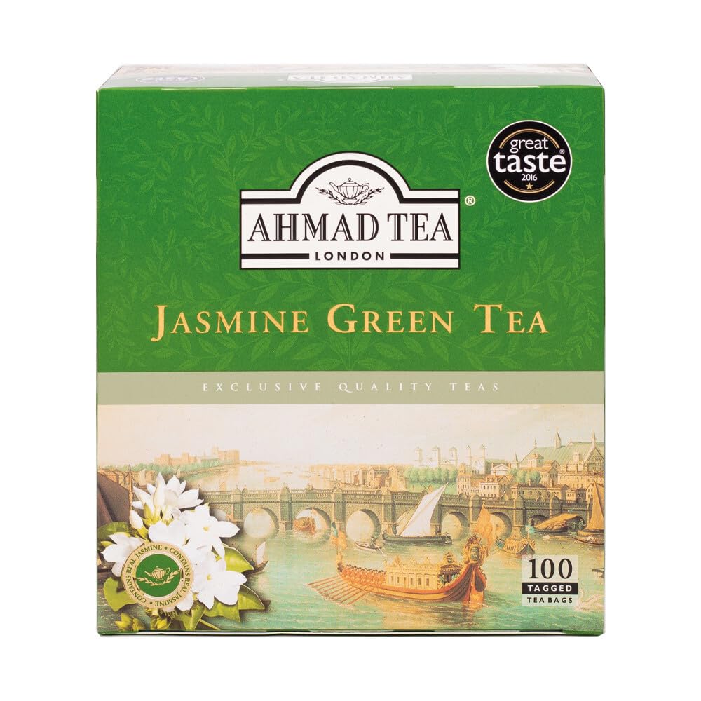 Ahmad Tea Jasmine Green Tea, Tagged Teabags Without Envelopes, 100 Count