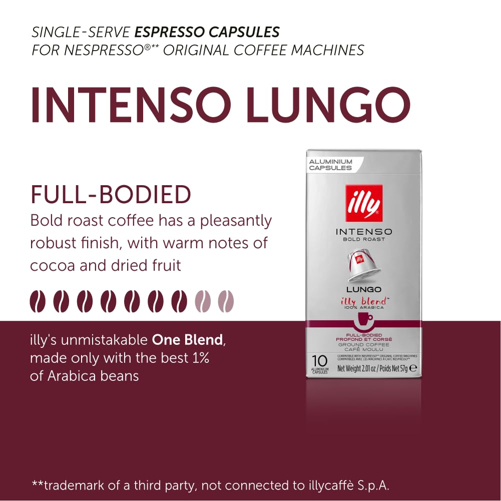 Illy Espresso Compatible compact pieces - Intenso Lungo Dark Roast - 10 Count - For Nespresso Coffee Machines