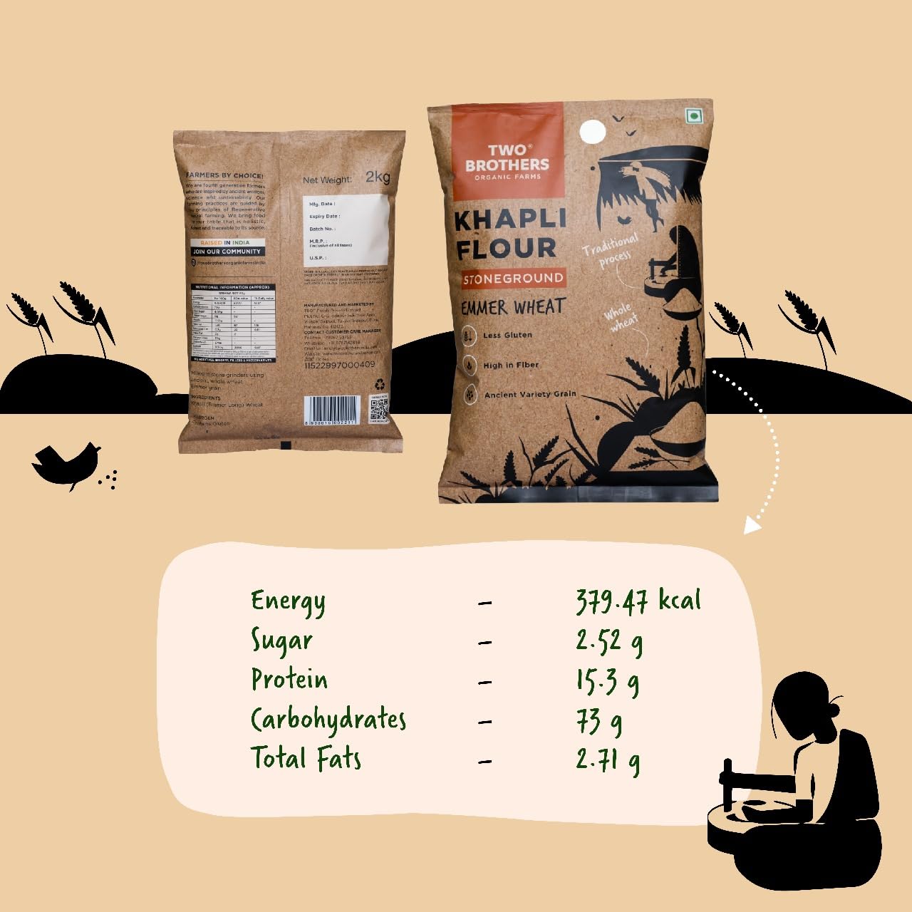 Two Brothers Organic Farms - Khapli Wheat Flour (10Kg) | Wheat Flour | High Dietary Fiber For Easy Digestion | Stoneground Emmer
