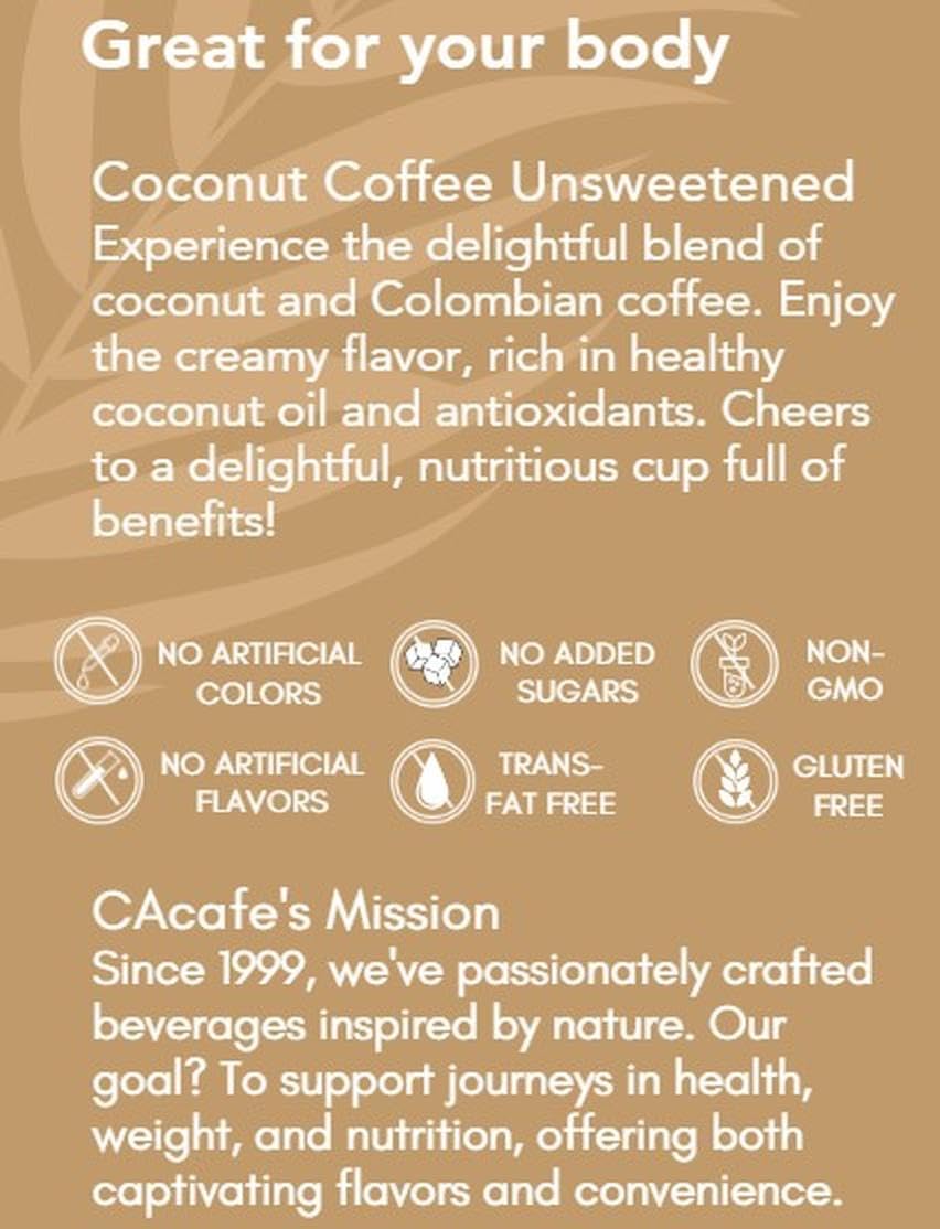 CAcafe Coconut Coffee Unsweetened, Coconut Infused, 12.7oz Drink Mix, No Added Sugar, Antioxidants, Natural Energy