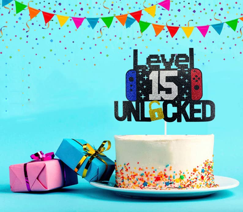 Happy 15Th Birthday Video Game Cake Topper Level 15 Unlocked Cake Topper For Kids Boys Girls 15-Years-Old Birthday Party Decorat