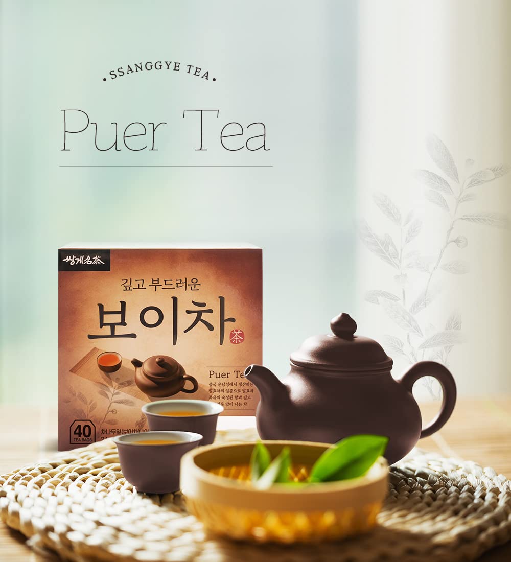 SSANGGYE Puer Tea - 40 Tea Bags, Premium Korean Herbal, Fermented Green Tea, Soft Deep Herb Taste, Aged Black Tea, Made in Korea