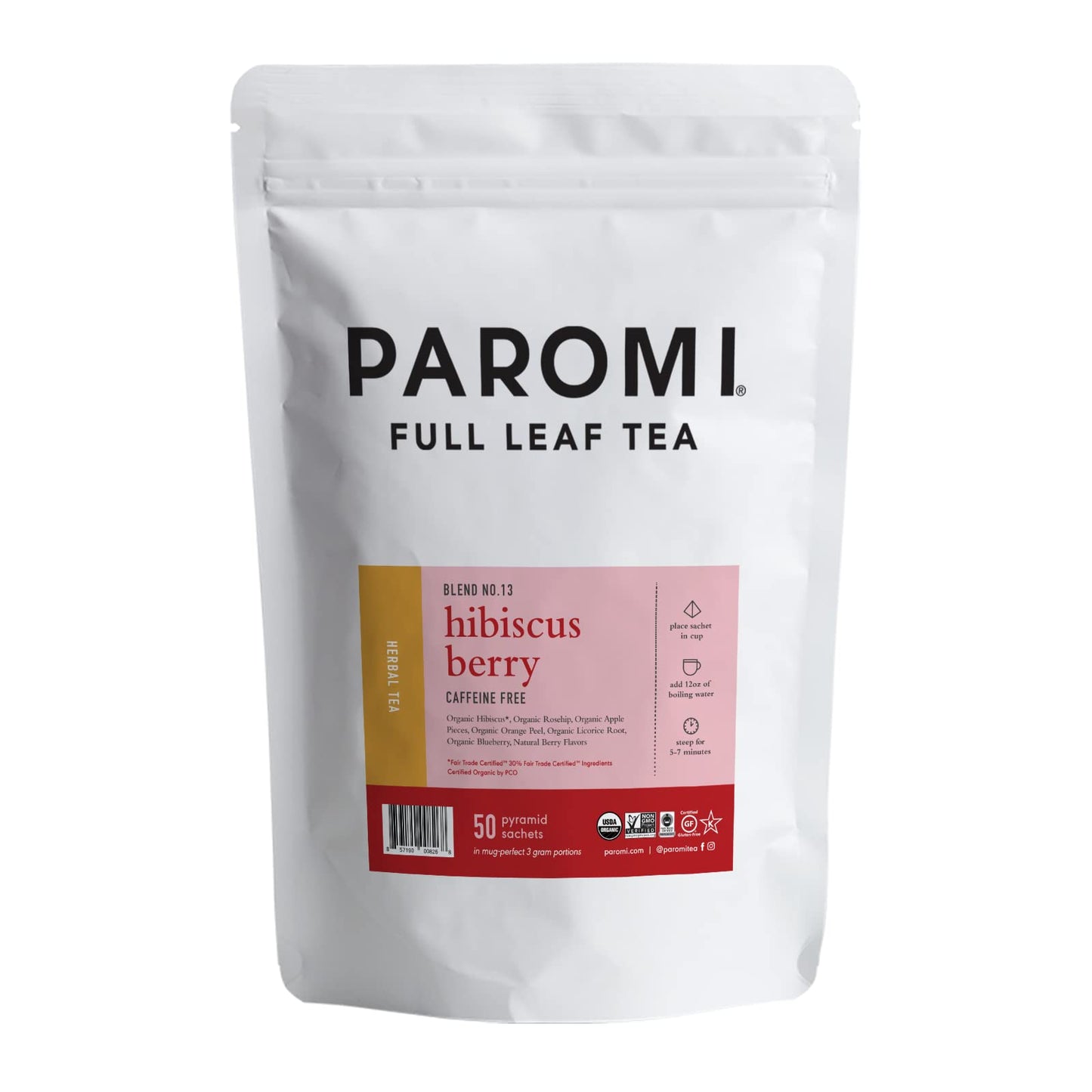 Paromi Tea Hibiscus Berry Herbal Infusion, Resealable Pouch, 50 Count