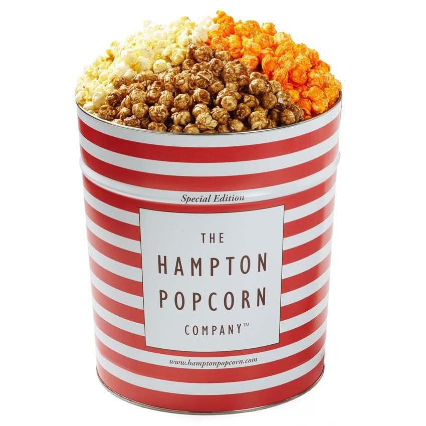 3 Flavor, 3.5 Gallon Gourmet Popcorn Tin, Butter, Caramel & Orange Cheddar Cheese, Snack Gifts, Popcorn Lovers, Movie Night Snac