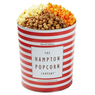 3 Flavor, 3.5 Gallon Gourmet Popcorn Tin, Butter, Caramel & Orange Cheddar Cheese, Snack Gifts, Popcorn Lovers, Movie Night Snac