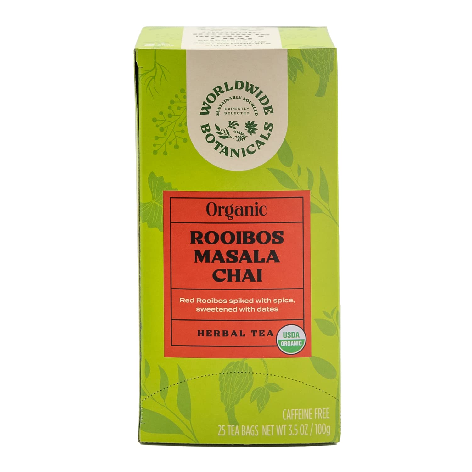 Worldwide Botanicals Rooibos Masala Chai Herbal Tea - Organic, Caffeine Free, Kosher, 25 Tea Bags