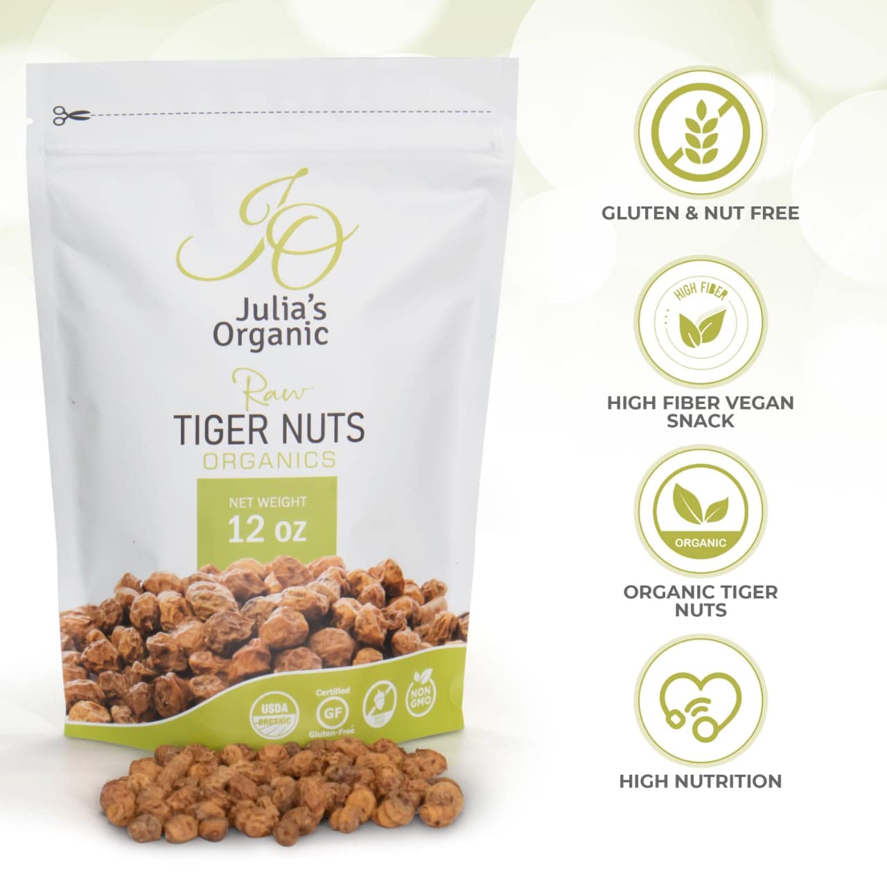 Julias Organic Tiger Nuts (5 Oz) (Raw Snacks) Premium Raw Tiger Nuts | Gluten Free Snack, Non-Gmo | Prebiotic Fiber | Paleo Frie