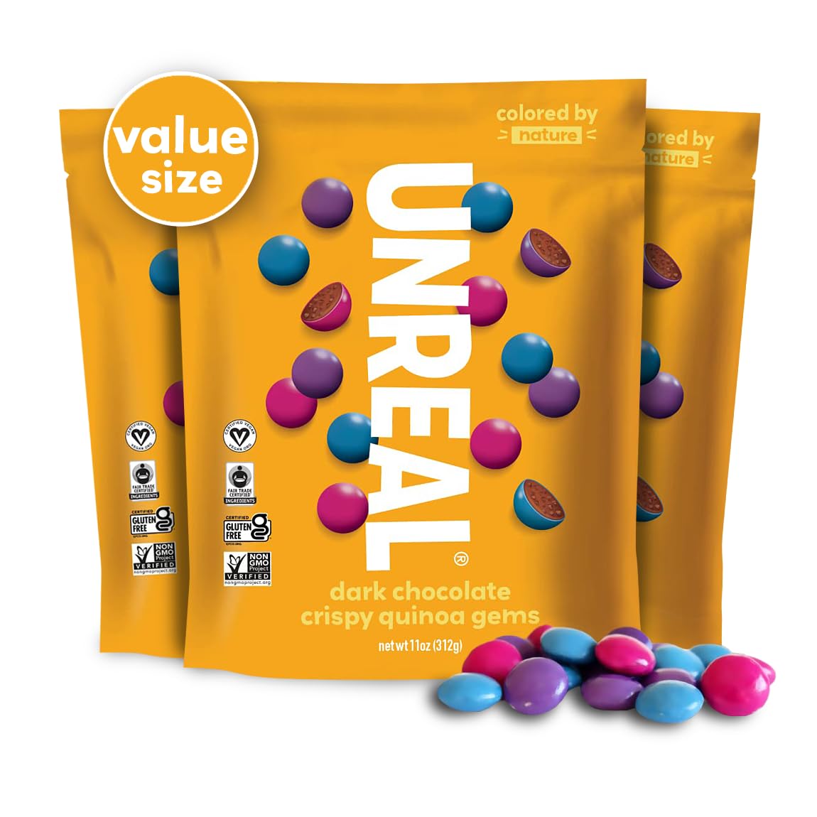 UNREAL Dark Chocolate Quinoa Gems (3 Value Size Bags) | Vegan, Colors from Nature | Fair Trade, Non-GMO | Gluten Free, No Sugar 
