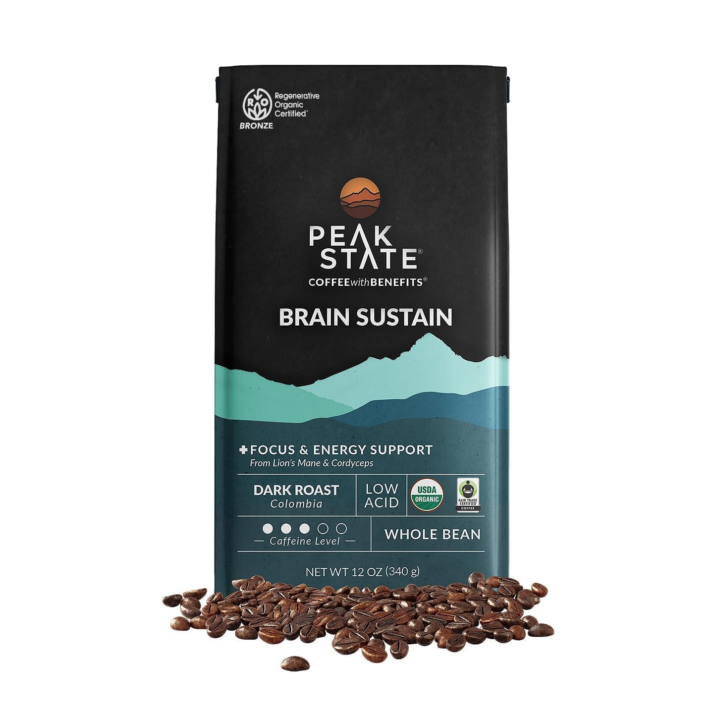 Peak State BRAIN SUSTAIN Coffee - Dark Roast - Whole Bean Lion's Mane Mushroom Coffee - Mold Free, Mycotoxin Free, Organic, Non-