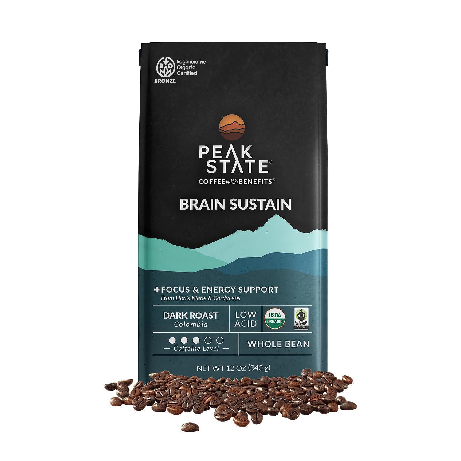 Peak State BRAIN SUSTAIN Coffee - Dark Roast - Whole Bean Lion's Mane Mushroom Coffee - Mold Free, Mycotoxin Free, Organic, Non-