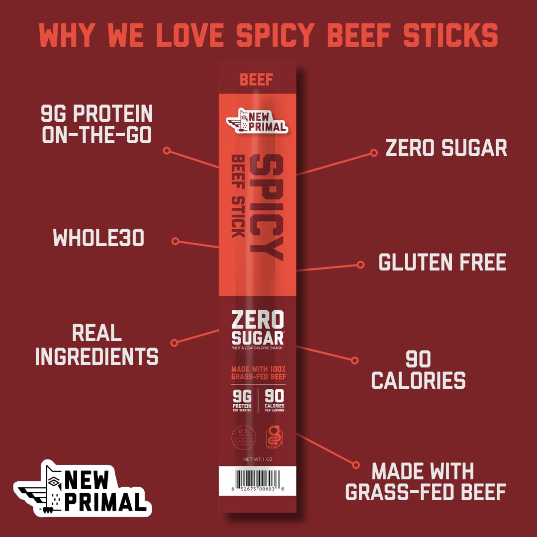 The New Primal Grass-Fed Spicy Beef Sticks, Keto, Gluten Free Healthy Snacks for Adults, Sugar Free Low Carb High Protein Snack,