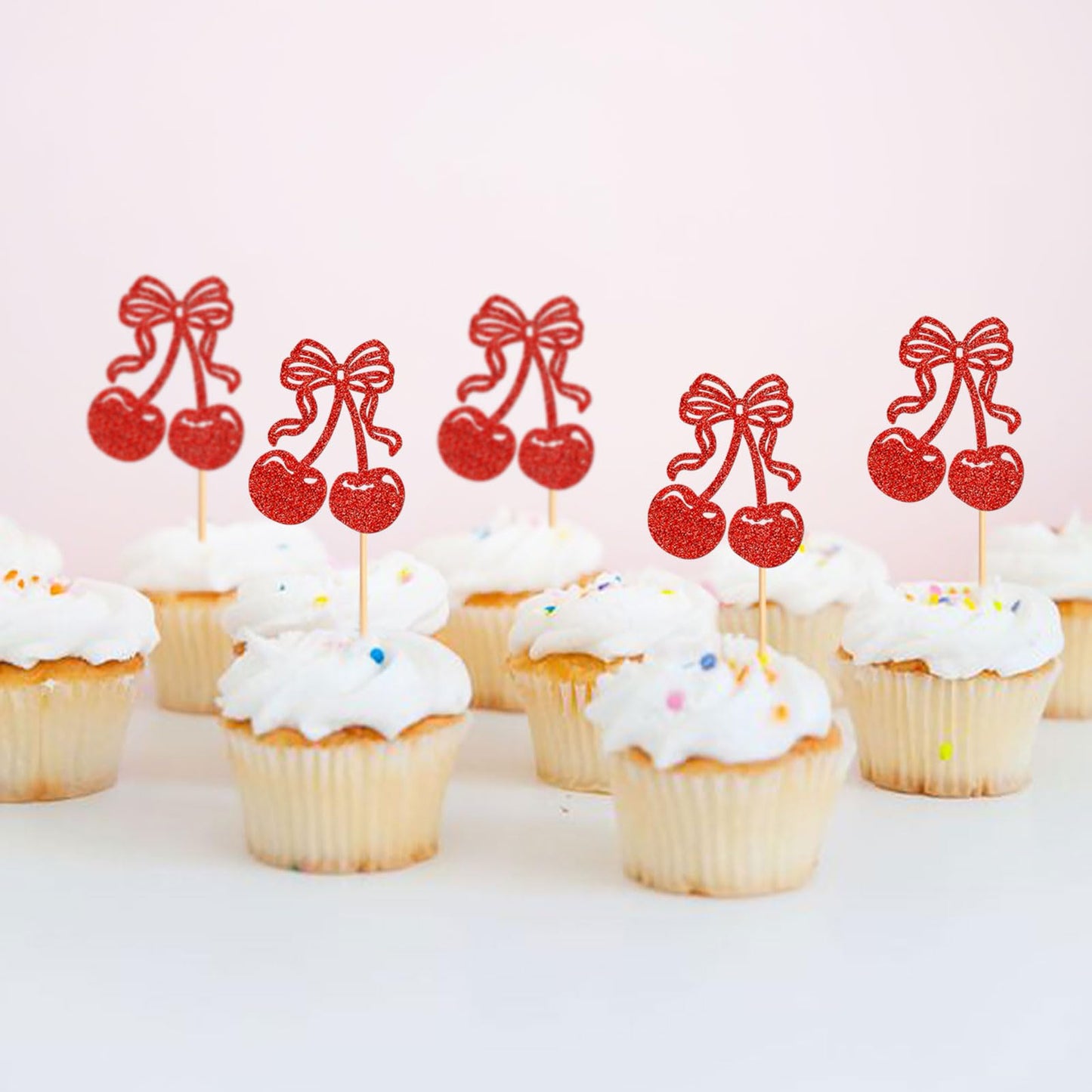 Cyodoos Cherry Cupcake Toppers, 24 Pcs Fruit Theme Decorations for Kids Birthday Party, Red