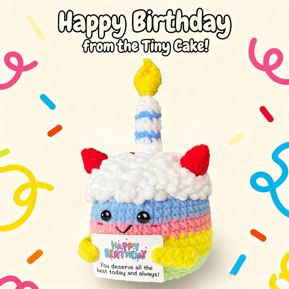 Happy Birthday Gifts For Women Her Girls Unique Emotional Support Crochet Positive Cake Plush Birthday Gift For Best Friend, Small Crochet Animal With Bday Card For Teen Mom Grandma Daughter Sister