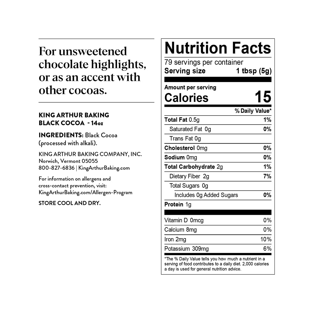 King Arthur Black Cocoa Powder - Dutch Processed, Unsweetened, Intense Dark Chocolate Flavor, 14 oz Resealable Bag for Baking, Brown
