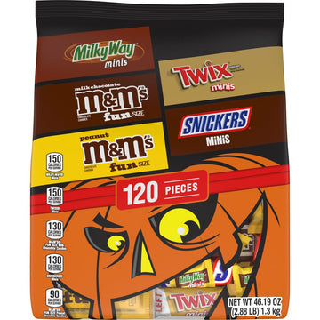 M&M'S Milk Chocolate, M&M'S Peanut, Snickers, Twix & Milky Way Milk Chocolate Fun Size And Minis Individually Wrapped Trick Or Treat Halloween Candy Variety Pack, 120 Ct Bulk Bag