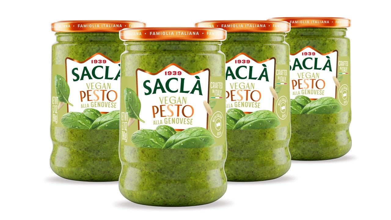 SACLA Vegan Basil Pesto alla Genovese 4-Pack | Dairy-Free Pesto Sauce made from Fresh Italian Basil & Cashews | FOUR 6.7 oz Glas