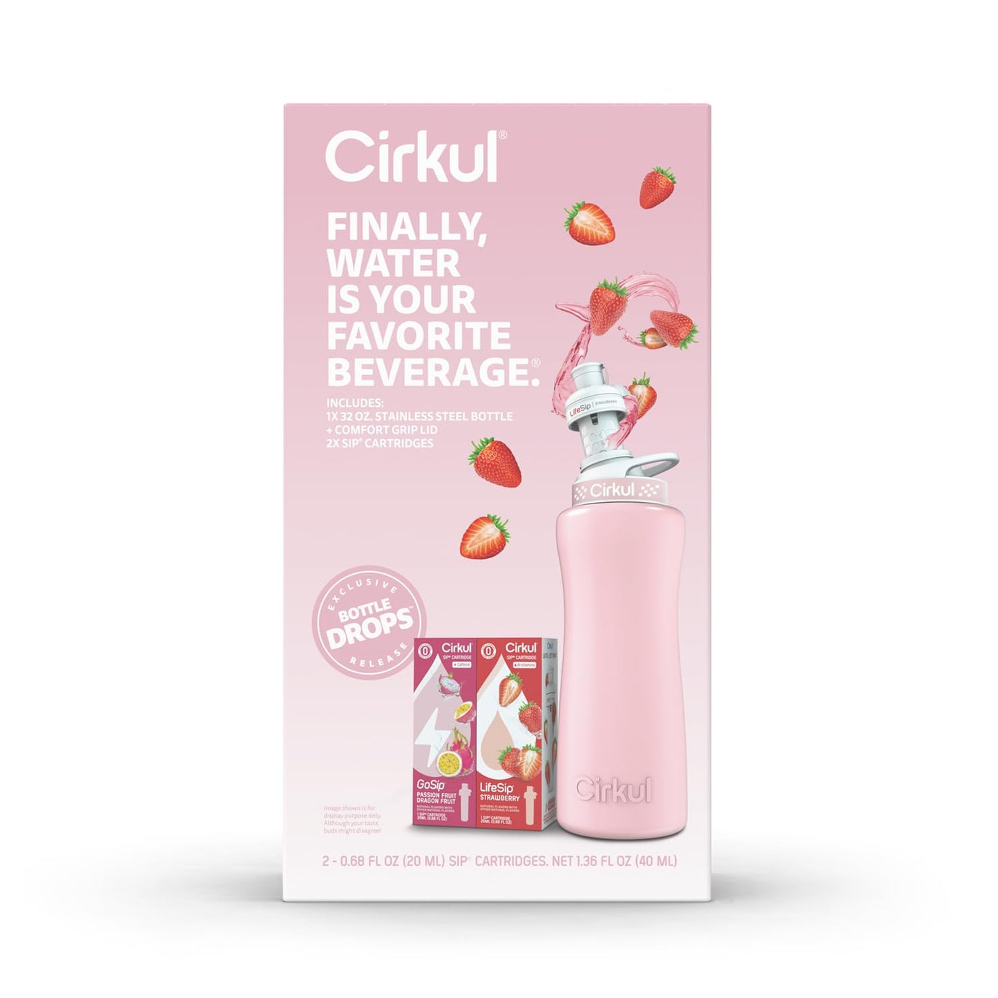 Cirkul 32oz Blush Pink Stainless Steel Water Bottle Kit with Pink Lid & 2 Zero Calorie Flavor Cartridges - Strawberry & Passion Fruit Dragon Fruit