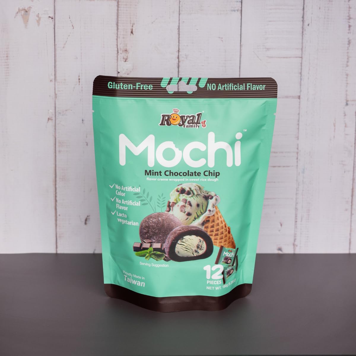 Japanese Mochi Daifuku, Mint Chocolate Chip Flavor, No Artificial Color And Flavor, Lacto Vegetarian, 12 Pieces Individually Wra