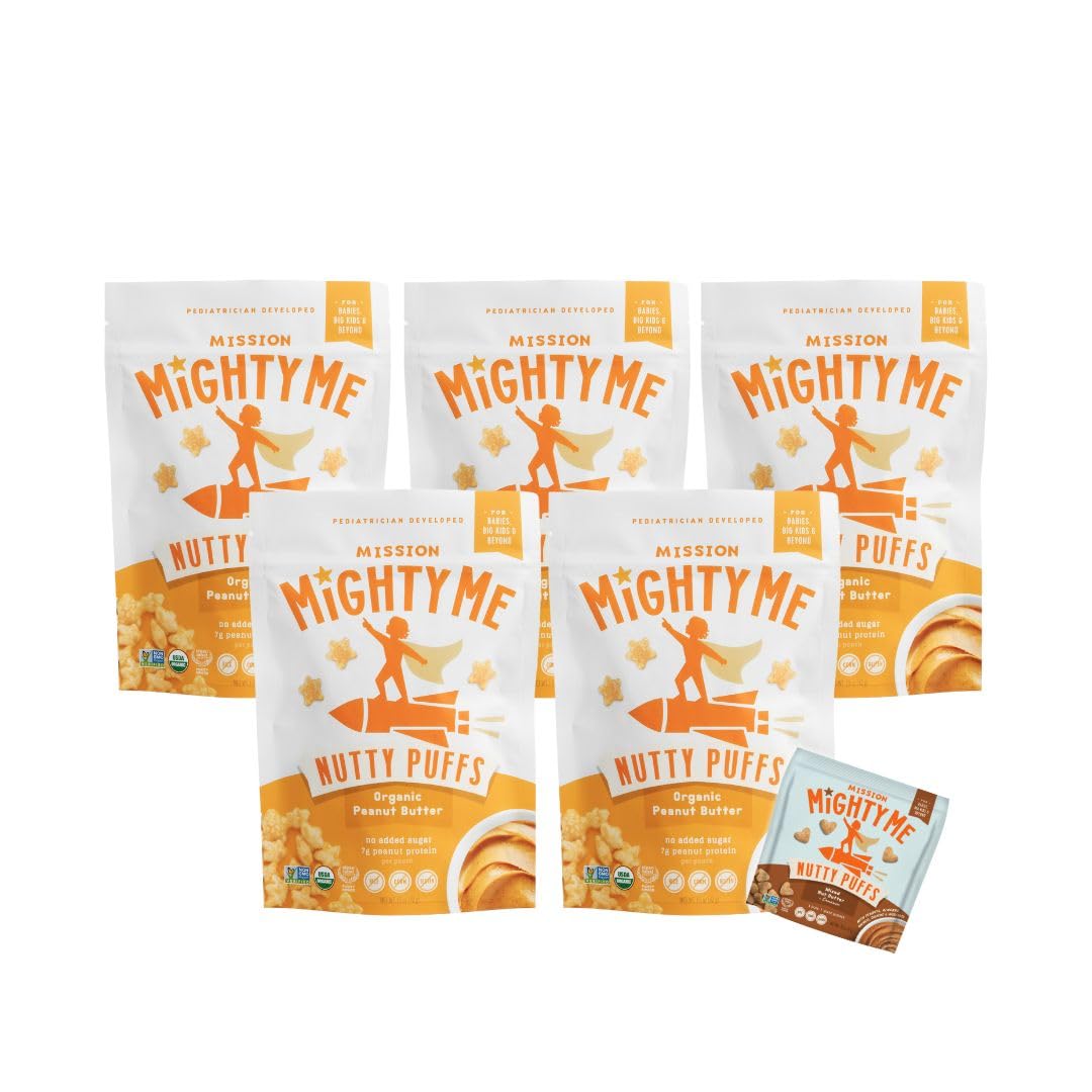 Mission Mighty Me Nutty Puffs Organic Peanut Butter Puffs for Babies + Kids - Pediatrician Developed, Plant-Based Gluten-Free Ba