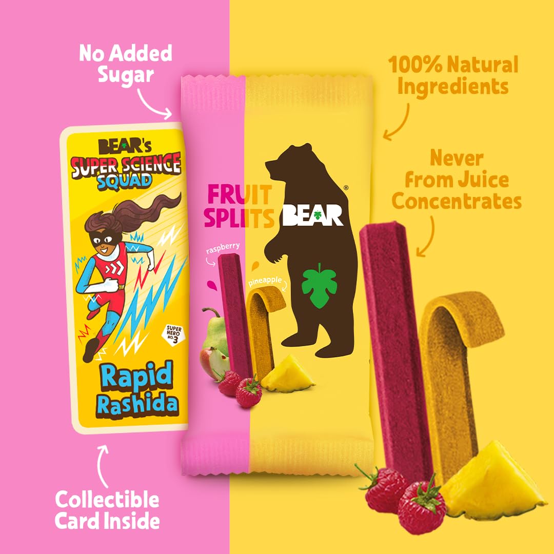 BEAR Real Fruit Snack Splits - Gluten Free, Vegan, and Non-GMO - Raspberry and Pineapple - Healthy School And Lunch Snacks For K