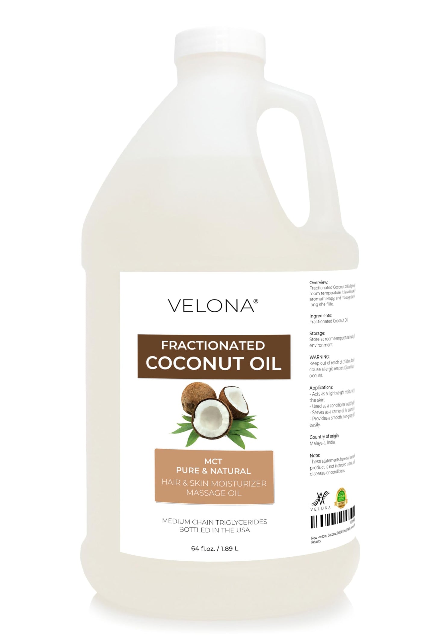velona MCT Coconut Oil | 100% Pure Carrier Oil for Skin, Face, Body, Hair | 64 Fl Oz